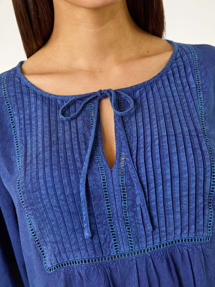Roman Blue Pleated Tie Neck Top - Image 5 of 5