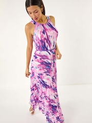 Roman Purple Blurred Print Pleated Maxi Dress - Image 1 of 5
