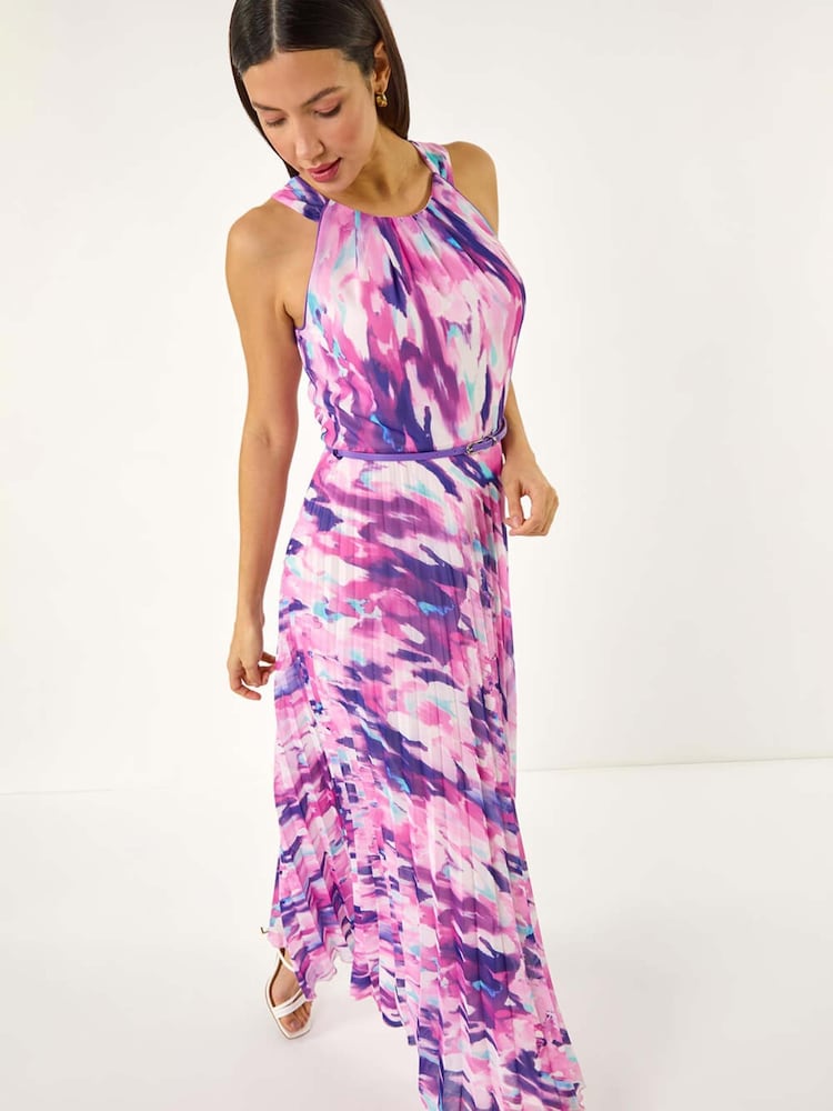 Roman Purple Blurred Print Pleated Maxi Dress - Image 1 of 5