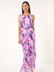 Roman Purple Blurred Print Pleated Maxi Dress - Image 2 of 5