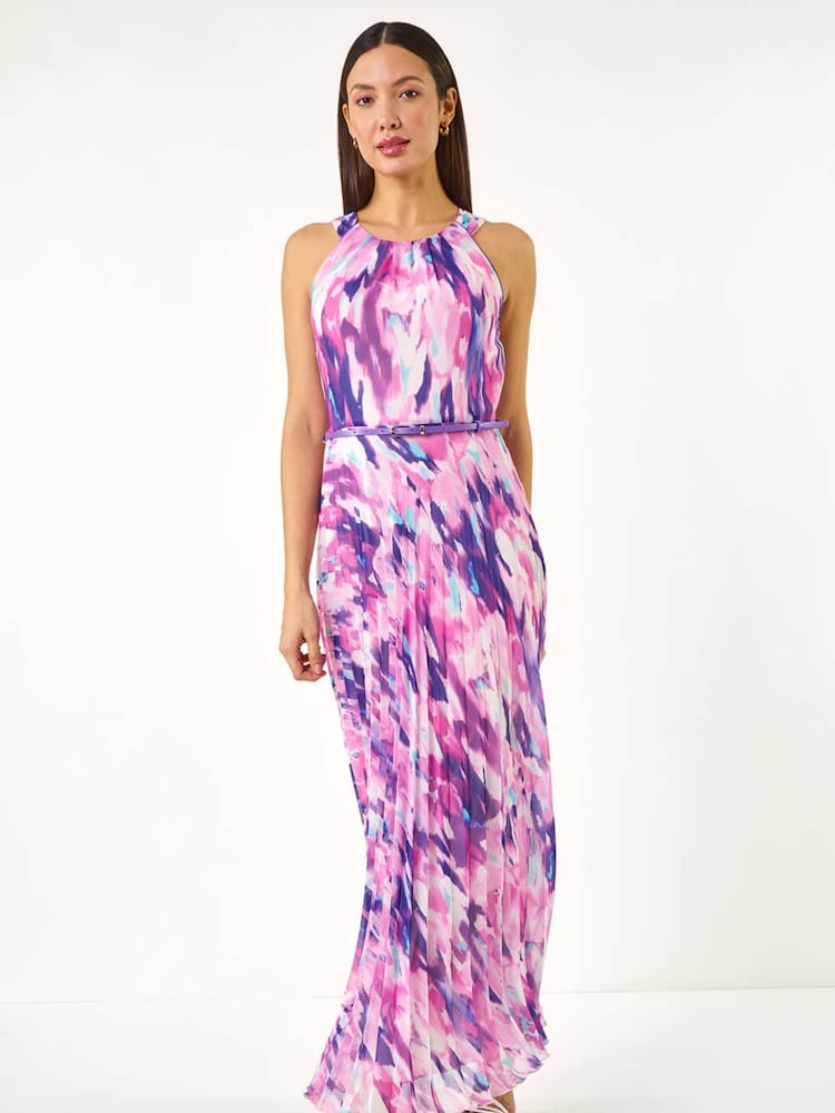 Roman Purple Blurred Print Pleated Maxi Dress - Image 2 of 5