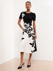 Lipsy Black/White Knitted Floral Print Short Sleeve Midi Dress - Image 1 of 4