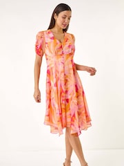 Roman Orange Abstract Painted Floral Print Hanky Hem Dress - Image 1 of 5