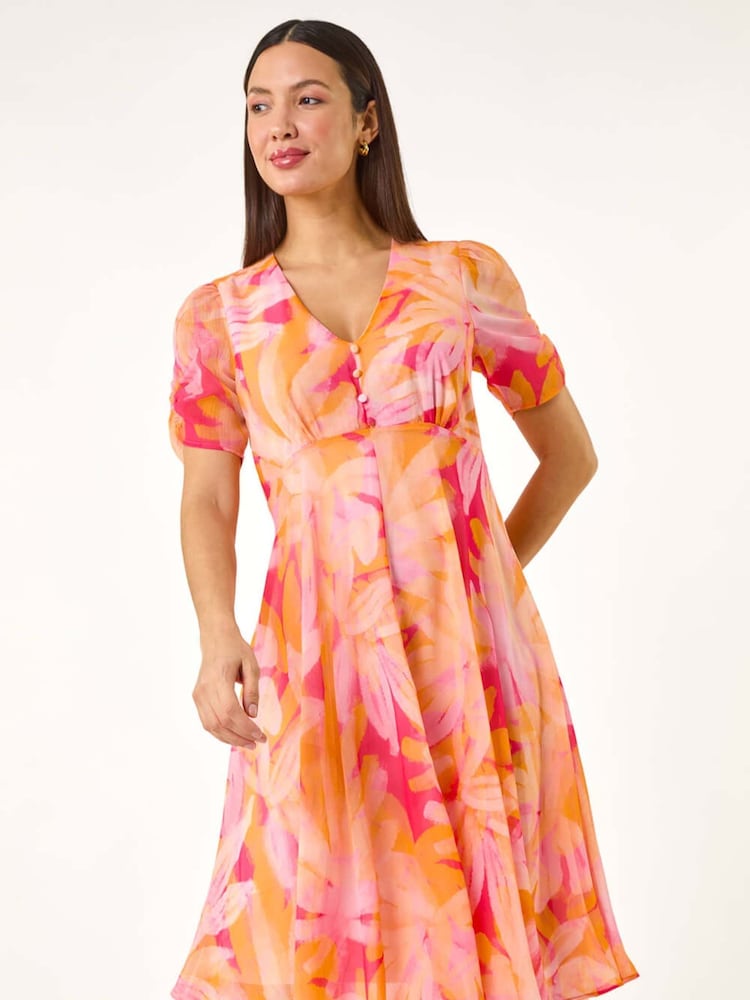 Roman Orange Abstract Painted Floral Print Hanky Hem Dress - Image 2 of 5