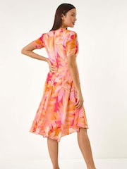 Roman Orange Abstract Painted Floral Print Hanky Hem Dress - Image 3 of 5
