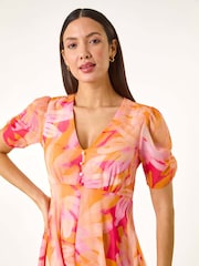 Roman Orange Abstract Painted Floral Print Hanky Hem Dress - Image 4 of 5