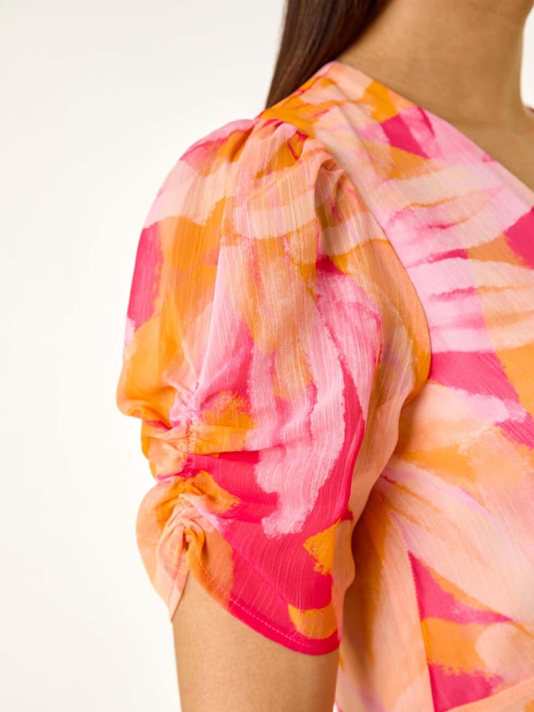 Roman Orange Abstract Painted Floral Print Hanky Hem Dress - Image 5 of 5