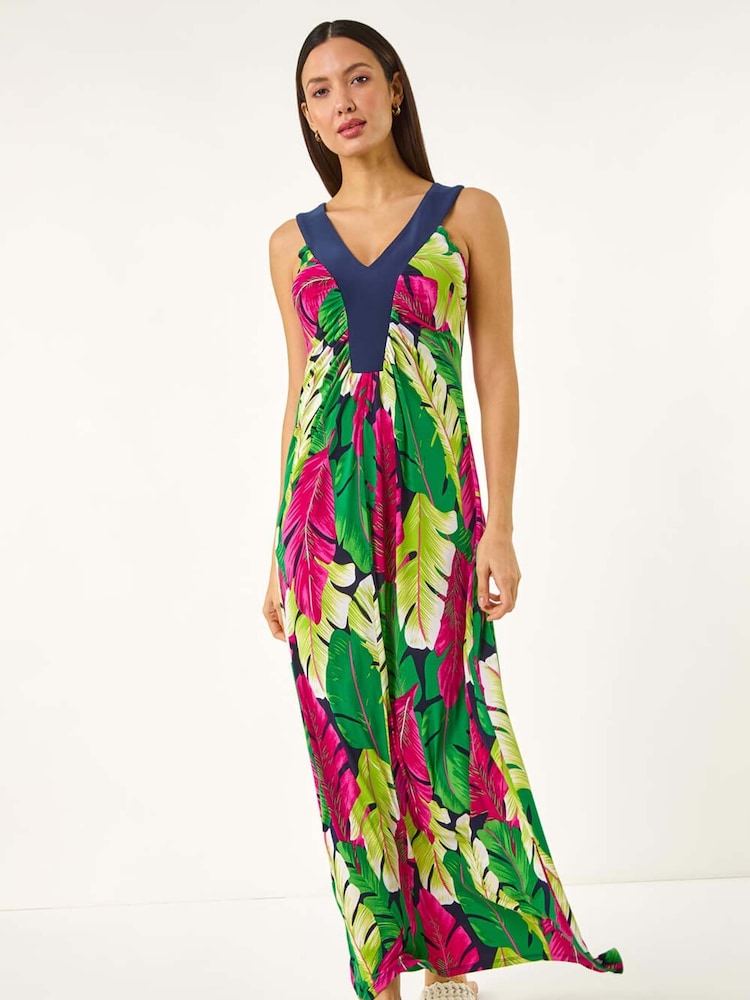 Roman Green Leaf Print Y Front Maxi Dress - Image 1 of 5
