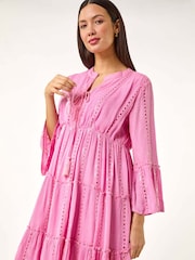 Roman Pink Shimmer Tie Detail Smock Dress - Image 1 of 5