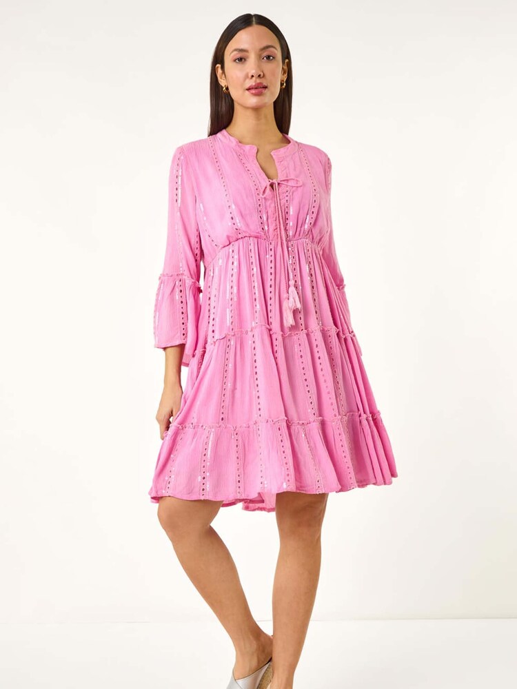 Roman Pink Shimmer Tie Detail Smock Dress - Image 2 of 5