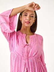 Roman Pink Shimmer Tie Detail Smock Dress - Image 4 of 5