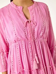 Roman Pink Shimmer Tie Detail Smock Dress - Image 5 of 5