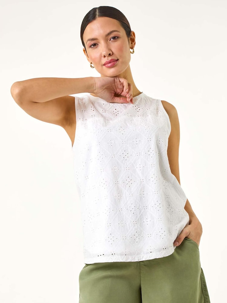 Roman White Broderie 100% Cotton Vest Top - Image 1 of 5