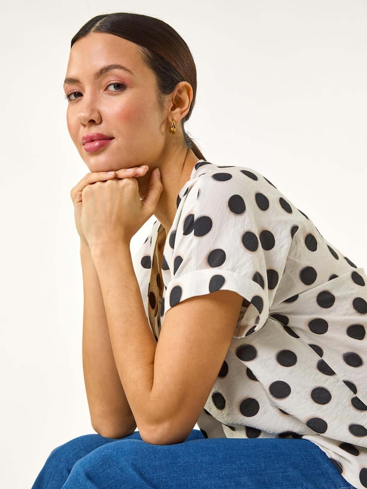 Roman White Spotted Pleat Front V-Neck Blouses - Image 1 of 5