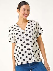 Roman White Spotted Pleat Front V-Neck Blouses - Image 3 of 5