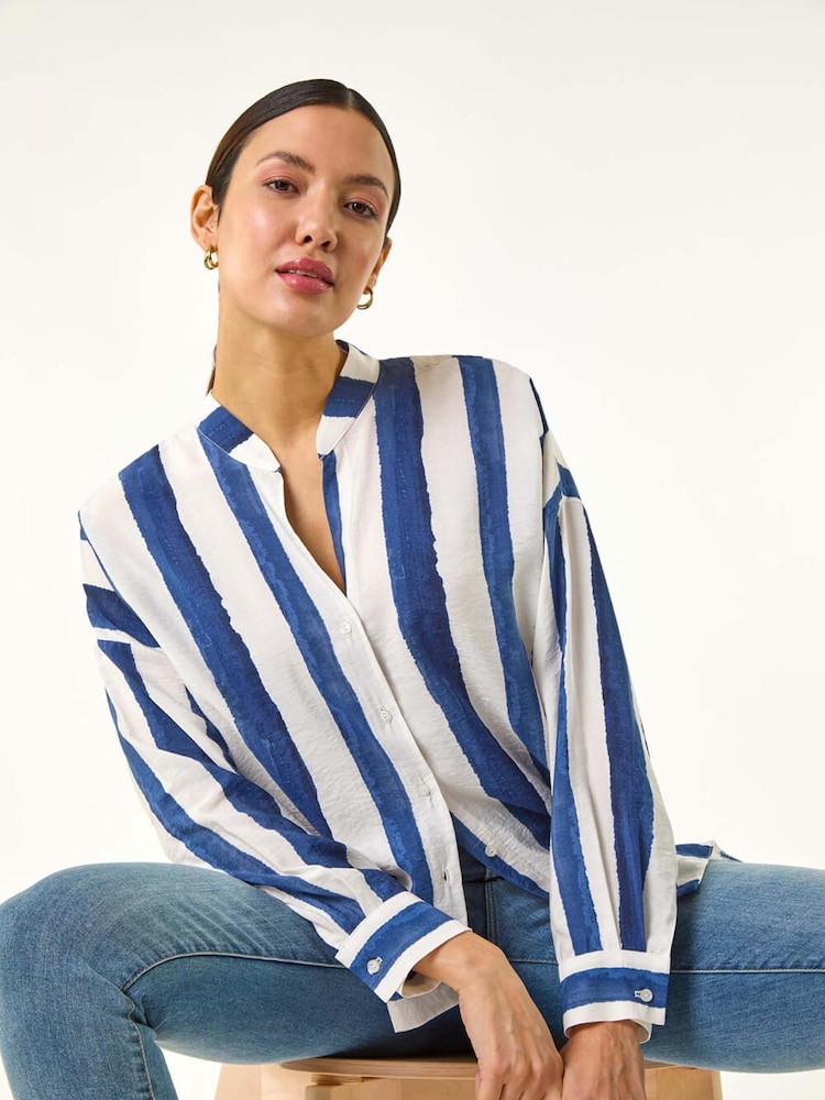 Roman Blue Stripe Print Relaxed Button Shirt - Image 1 of 5 Roman Blue Stripe Print Relaxed Button Shirt - Image 1 of 5