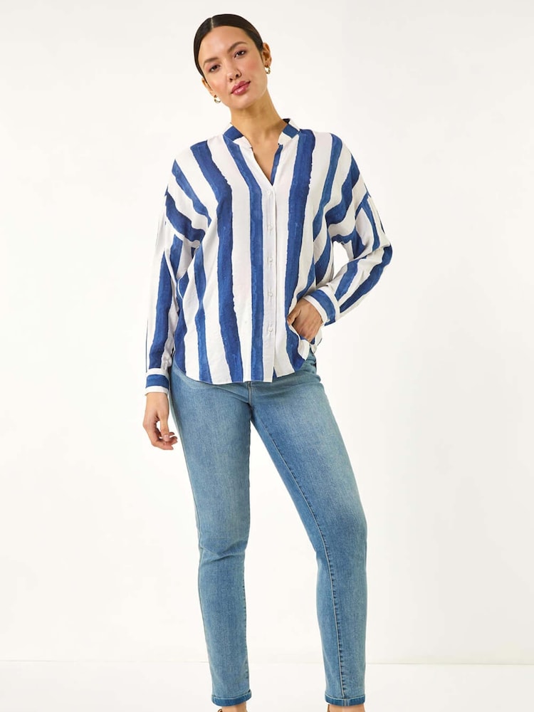 Roman Blue Stripe Print Relaxed Button Shirt - Image 2 of 5 Roman Blue Stripe Print Relaxed Button Shirt - Image 2 of 5