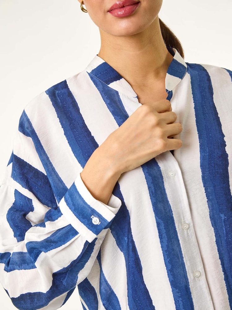 Roman Blue Stripe Print Relaxed Button Shirt - Image 5 of 5 Roman Blue Stripe Print Relaxed Button Shirt - Image 5 of 5