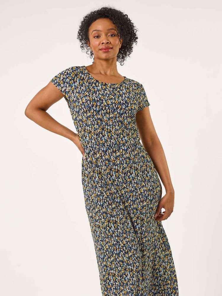 Roman Black Petite Floral Print Crinkle Midi Dress - Image 1 of 5