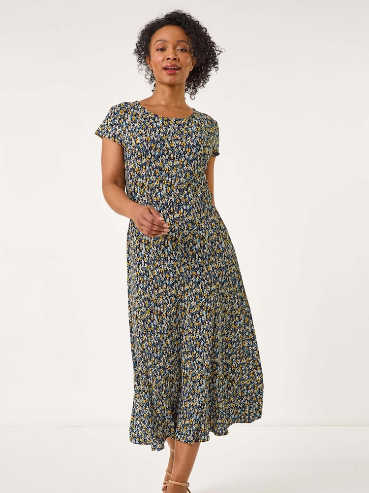 Roman Black Petite Floral Print Crinkle Midi Dress - Image 2 of 5