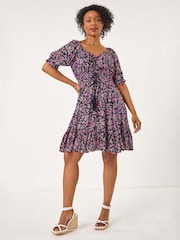 Roman Blue Petite Ditsy Floral Print Frill Dress - Image 2 of 5