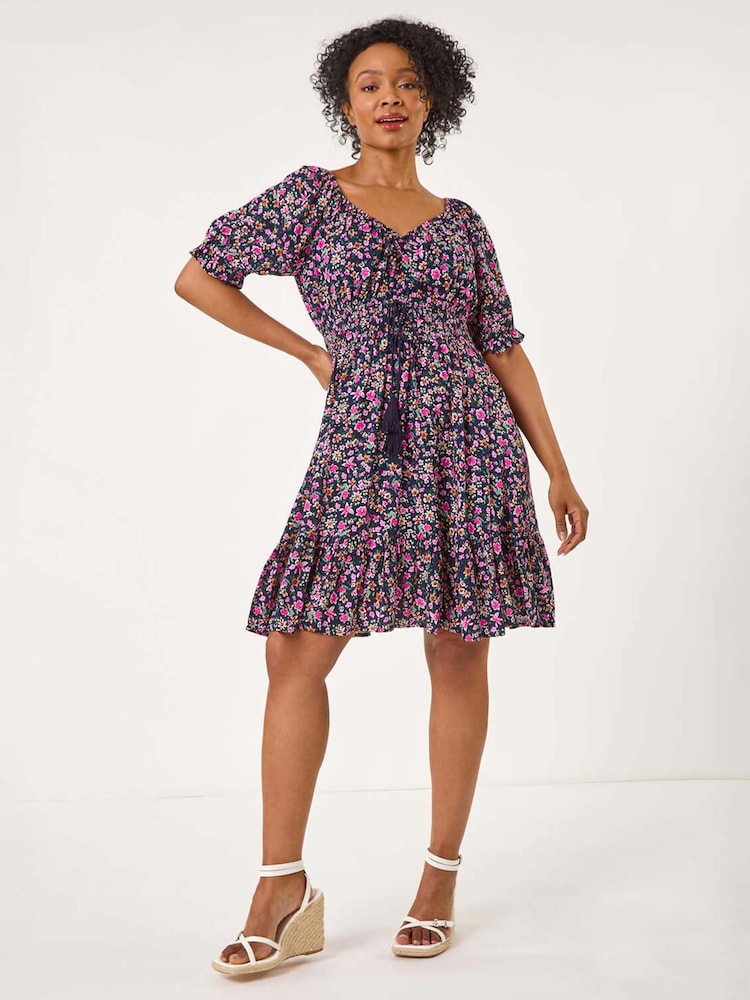 Roman Blue Petite Ditsy Floral Print Frill Dress - Image 2 of 5