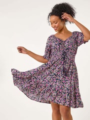 Roman Blue Petite Ditsy Floral Print Frill Dress - Image 4 of 5