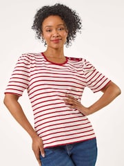 Rojo - Roman Petite 100% Cotton Stripe Ruched Stretch Top - Imagen 1 de 5