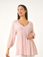Roman Pink Shirred V-Neck Top - Image 1 of 5