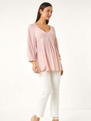 Roman Pink Shirred V-Neck Top - Image 2 of 5