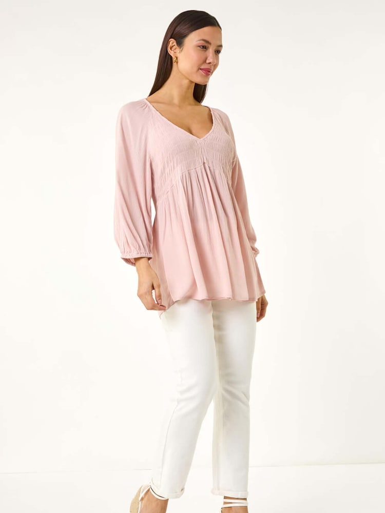 Roman Pink Shirred V-Neck Top - Image 2 of 5