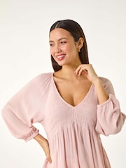 Roman Pink Shirred V-Neck Top - Image 4 of 5