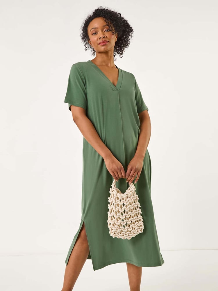 Roman Green Petite V-Neck Stretch Midi Dress - Image 1 of 5