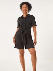 Roman Black Petite Button Front Tie Playsuit - Image 2 of 5