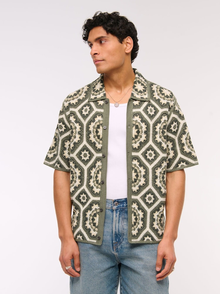 Abercrombie & Fitch Green Knitted Button Through Floral Print Shirt - Image 1 of 8