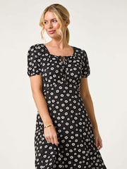 Roman Black Petite Ditsy Floral Tie Detail Dress - Image 1 of 5