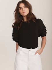 Mint Velvet Black Ruffle Detail 100% Cotton T-Shirt - Image 1 of 7