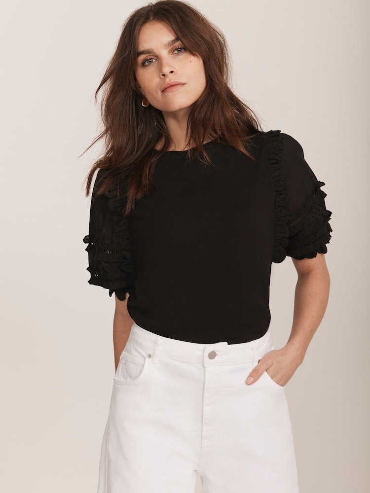 Mint Velvet Black Ruffle Detail 100% Cotton T-Shirt - Image 1 of 7