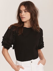 Mint Velvet Black Ruffle Detail 100% Cotton T-Shirt - Image 3 of 7
