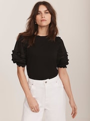 Mint Velvet Black Ruffle Detail 100% Cotton T-Shirt - Image 5 of 7
