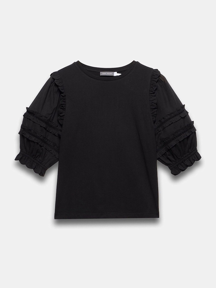 Mint Velvet Black Ruffle Detail 100% Cotton T-Shirt - Image 6 of 7