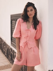 Mint Velvet Pink Linen Scallop Tie Front Top - Image 1 of 8