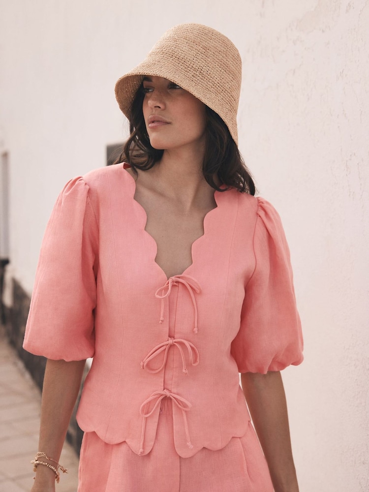 Mint Velvet Pink Linen Scallop Tie Front Top - Image 2 of 8