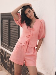 Mint Velvet Pink Linen Scallop Tie Front Top - Image 3 of 8