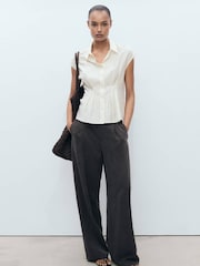 Mango Cream Short Sleeve Pleated Shirt - Image 1 of 6