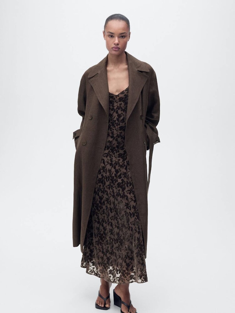 Mango Brown Double Breasted Linen Trench Coat - Image 1 of 7 Mango Brown Double Breasted Linen Trench Coat - Image 1 of 7