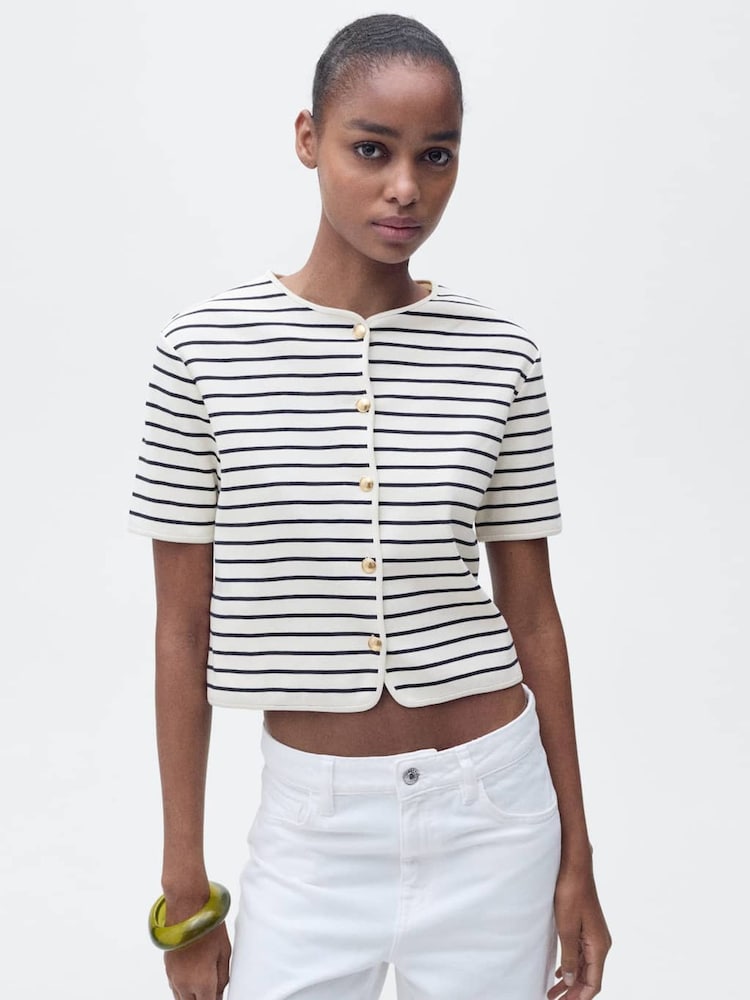 Mango Blue Short Sleeve Stripe Cardigan - Image 2 of 6 Mango Blue Short Sleeve Stripe Cardigan - Image 2 of 6