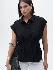 Mango Black Short Sleeve Pleated Shirt - Image 1 of 4