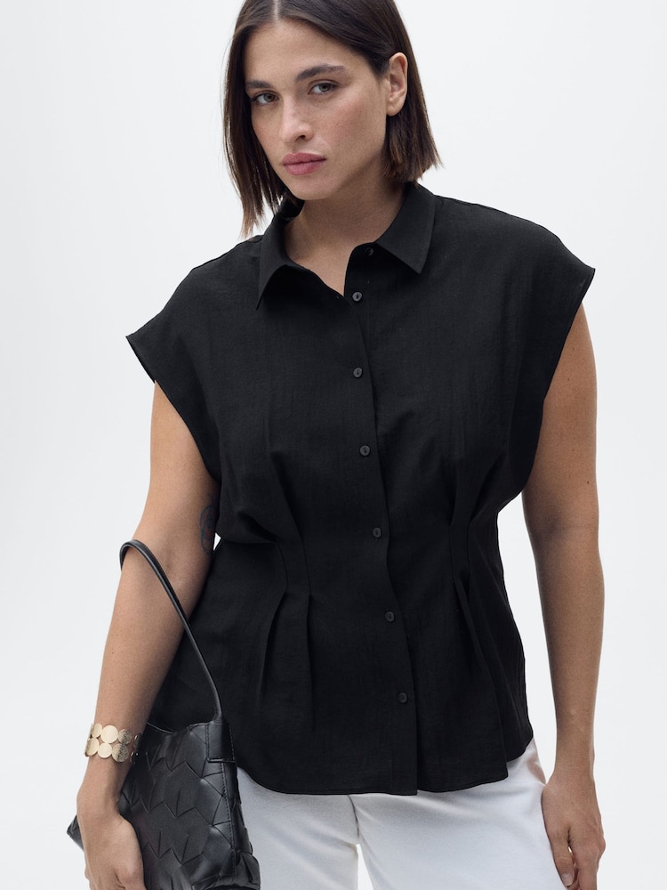 Mango Black Short Sleeve Pleated Shirt - Image 1 of 4 Mango Black Short Sleeve Pleated Shirt - Image 1 of 4