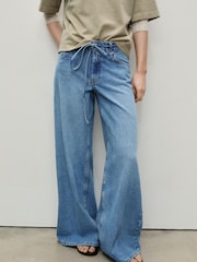 Mango Blue Wide Leg Tie Waist Jeans - Image 4 of 6